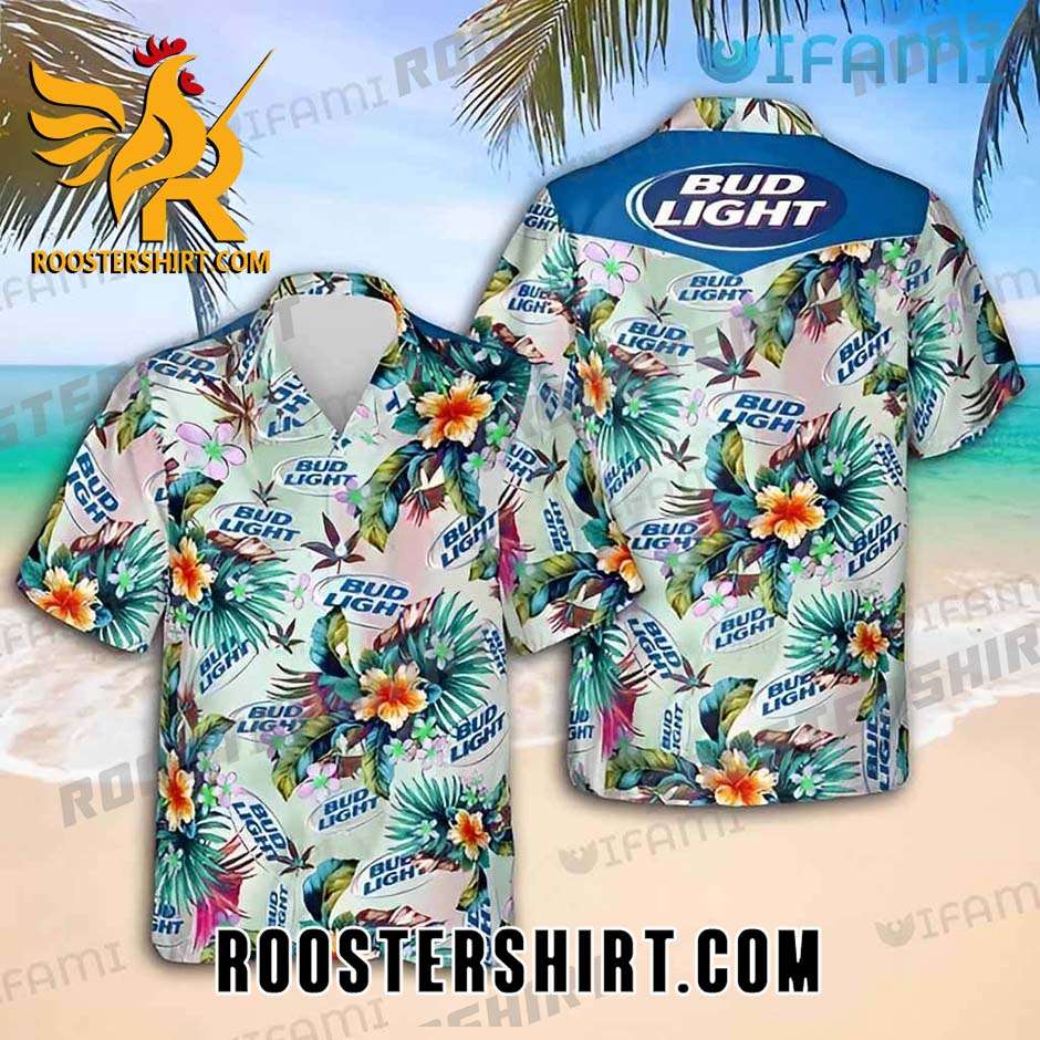 Bud Light Hawaiian Shirt And Shorts Hibiscus Pattern For Beer Fans
