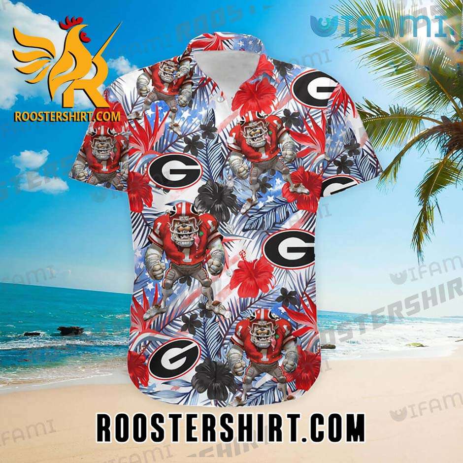Georgia Bulldogs Hawaiian Shirt Mascot Tropical Plants Gift For Georgia Fans