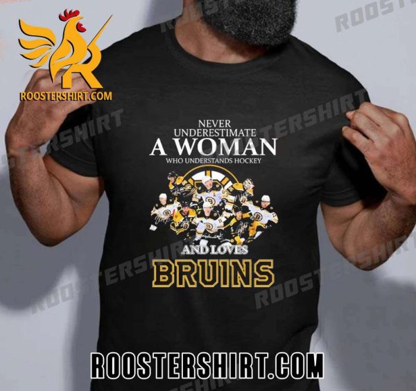 Never Underestimate A Woman Who Understand Hockey And Loves Boston Bruins 2023 Signatures Unisex T-Shirt Gift For Fans