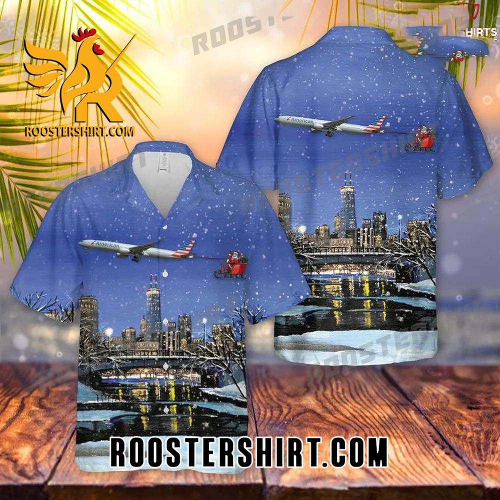 Quality American Airlines Boeing 777-300er With Santa Over Chicago Button Up Hawaiian Shirt
