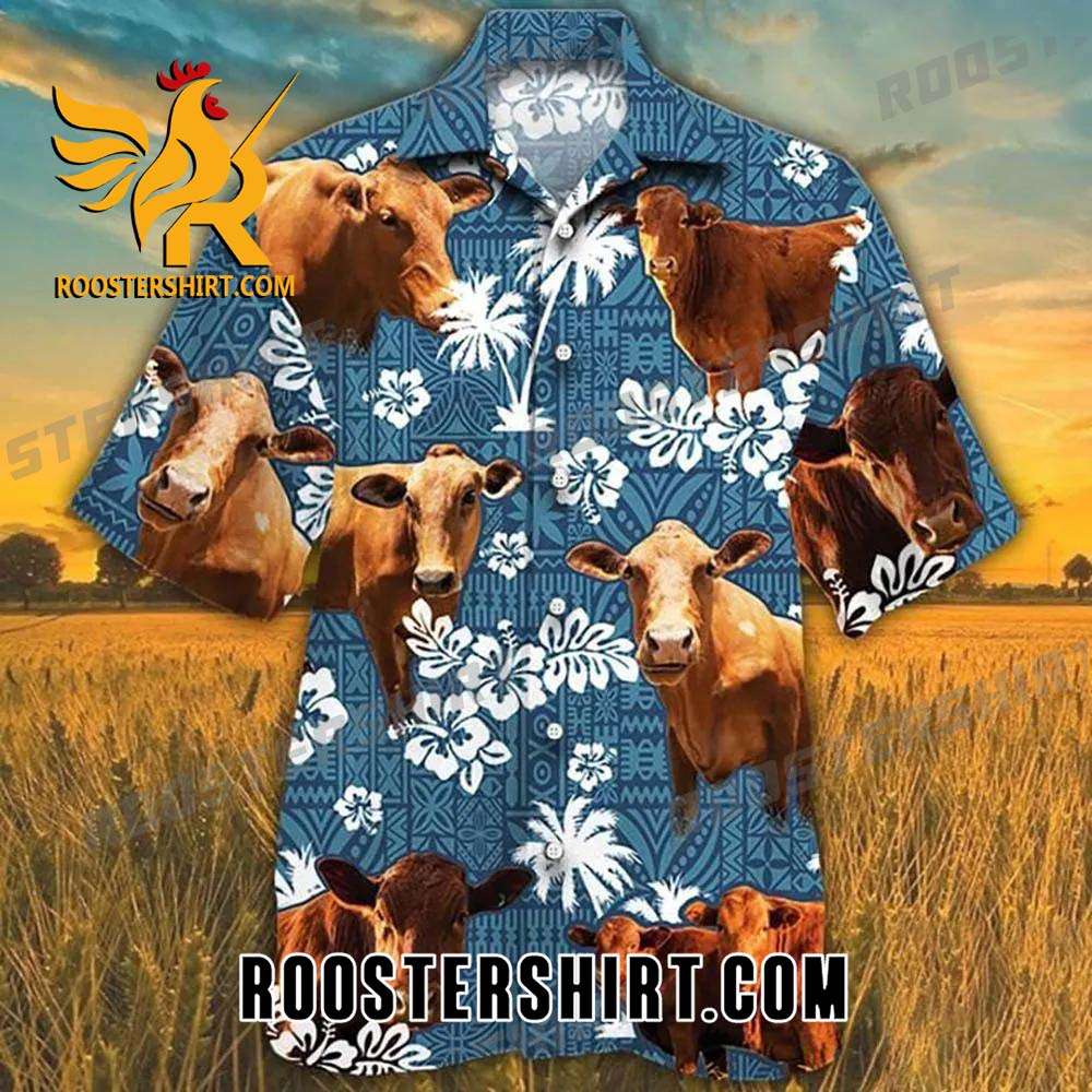Quality Beefmaster Cattle Blue Tribal Pattern Hawaiian Shirt