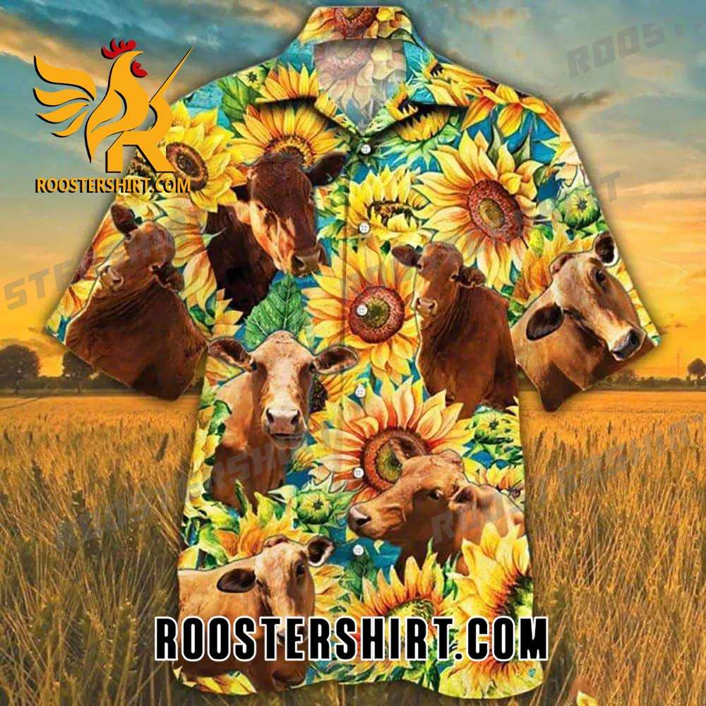 Quality Beefmaster Cattle Sunflower Watercolor Hawaiian Shirt
