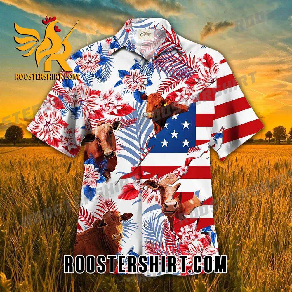 Quality Beefmaster In American Flag Tropical Flower Hawaiian Shirt