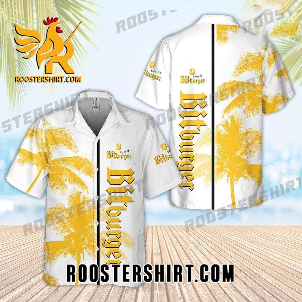 Quality Bitburger Brewery Palm Tree All Over Print 3D Aloha Summer Beach Hawaiian Shirt - White Yellow