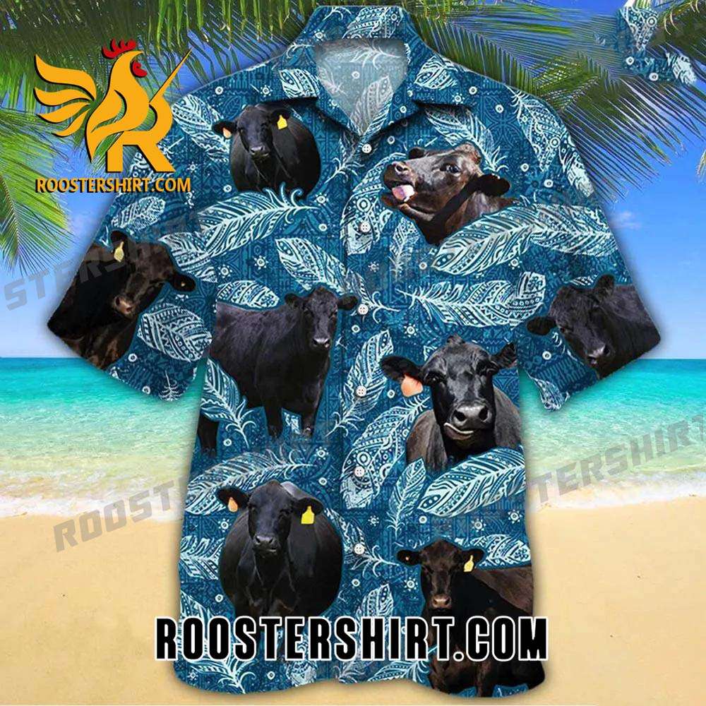 Quality Black Angus Cattle Blue Feather Hawaiian Shirt