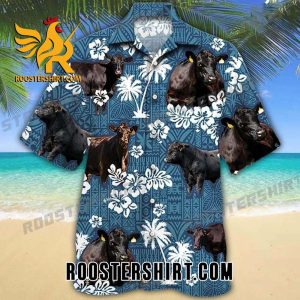 Quality Black Angus Cattle Blue Tribal Pattern Hawaiian Shirt