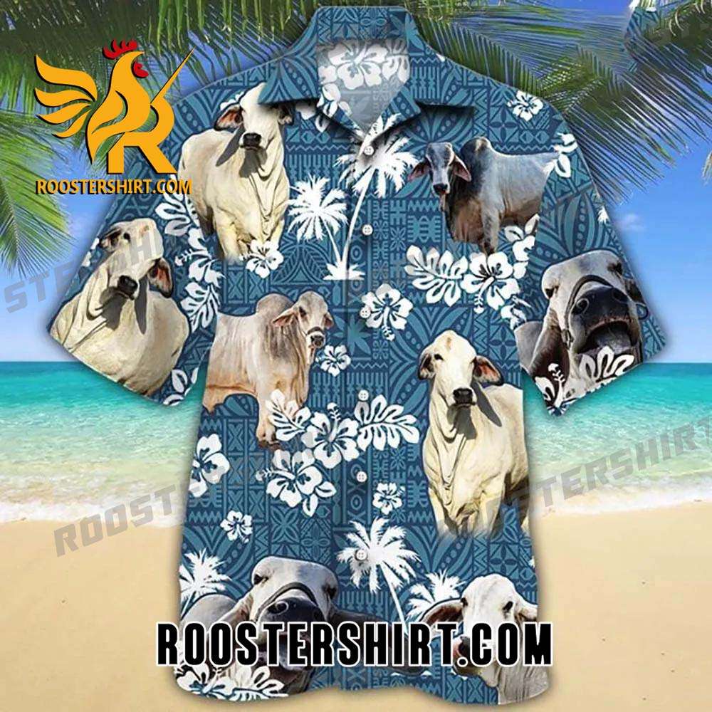 Quality Brahman Cattle Blue Tribal Pattern Hawaiian Shirt