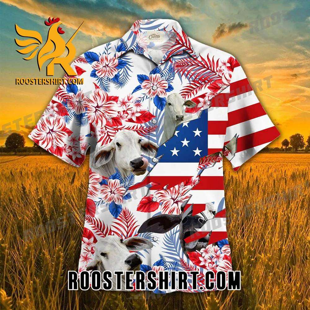 Quality Brahman In American Flag Tropical Flower Hawaiian Shirt