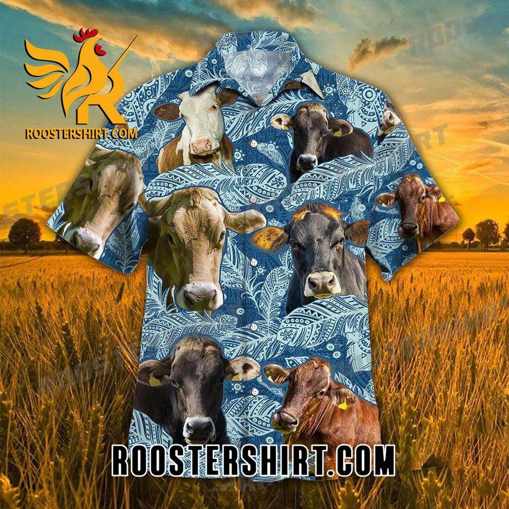 Quality Brown Swiss Cattle Blue Feather Hawaiian Shirt