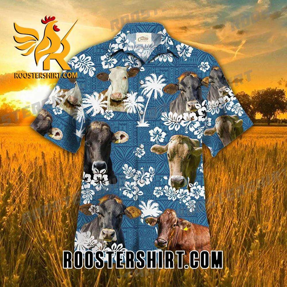 Quality Brown Swiss Cattle Blue Tribal Pattern Hawaiian Shirt