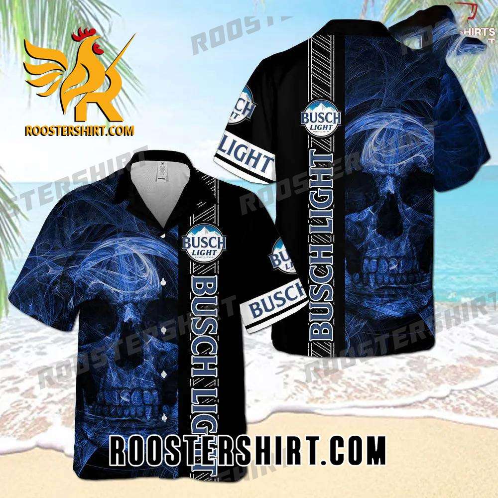Quality Busch Light Smoky Blue Skull Aloha Summer Beach Hawaiian Shirt