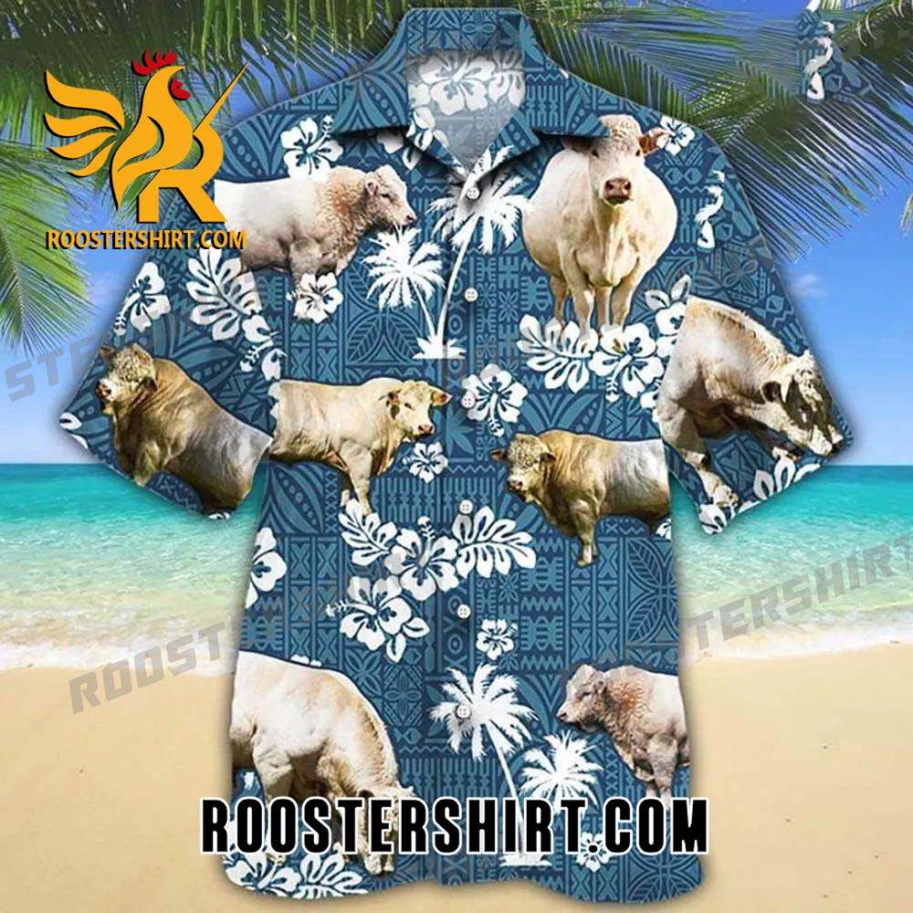 Quality Charolais Cattle Blue Tribal Pattern Hawaiian Shirt