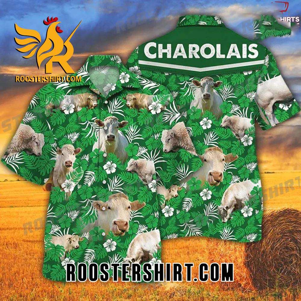 Quality Charolais Cattle Lovers Green Floral Hawaiian Shirt