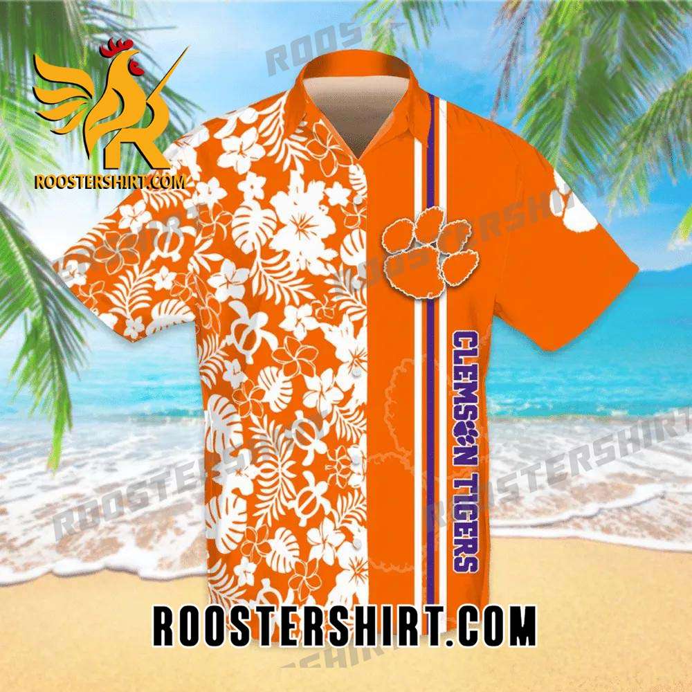 Quality Clemson Tigers All Over Print 3D Flowery Short Sleeve Dress Shirt Hawaiian Summer Aloha Beach Shirt - Orange