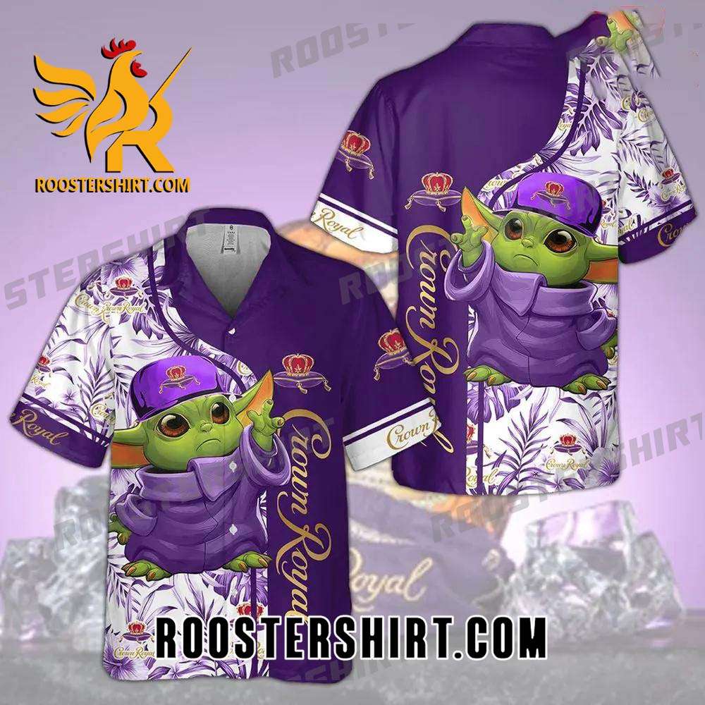 Quality Crown Royal Baby Yoda All Over Print 3D Flowery Aloha Summer Beach Hawaiian Shirt - White Purple