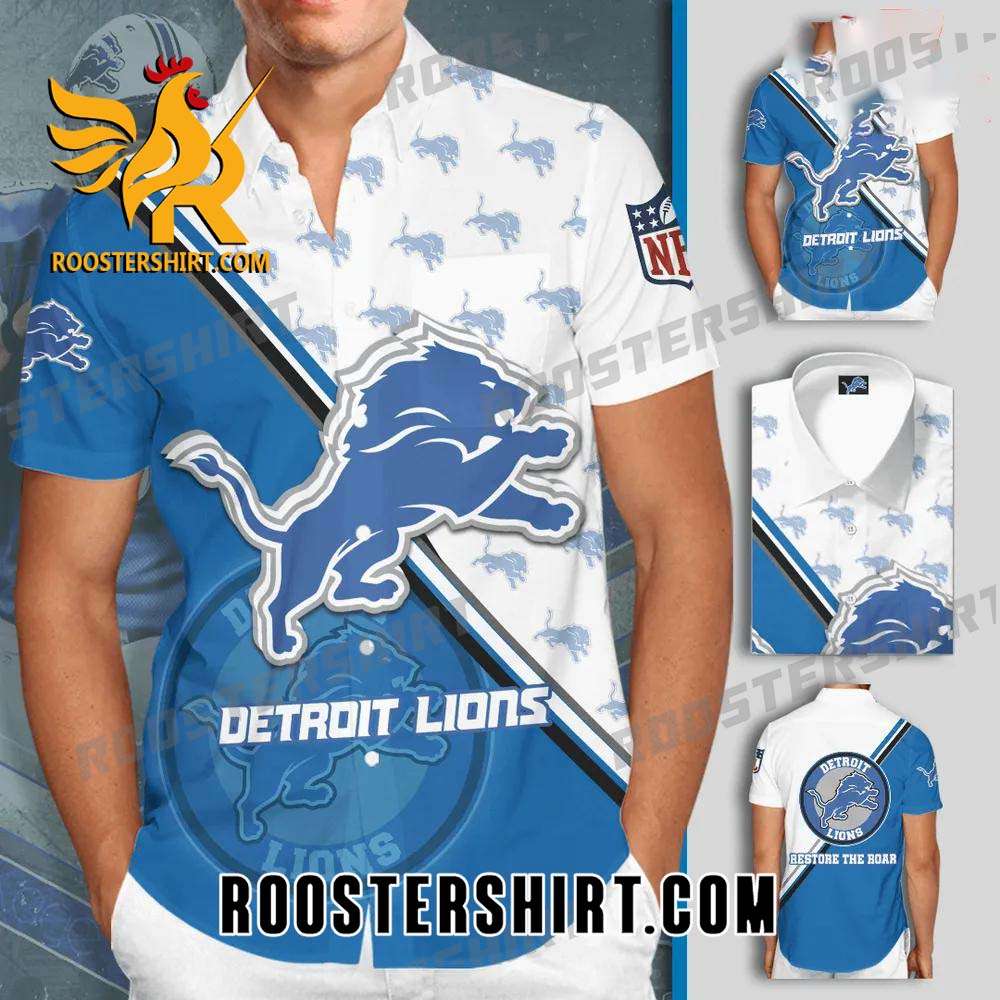 Quality Detroit Lions All Over Print 3D Short Sleeve Dress Shirt Hawaiian Summer Aloha Beach Shirt - Blue White