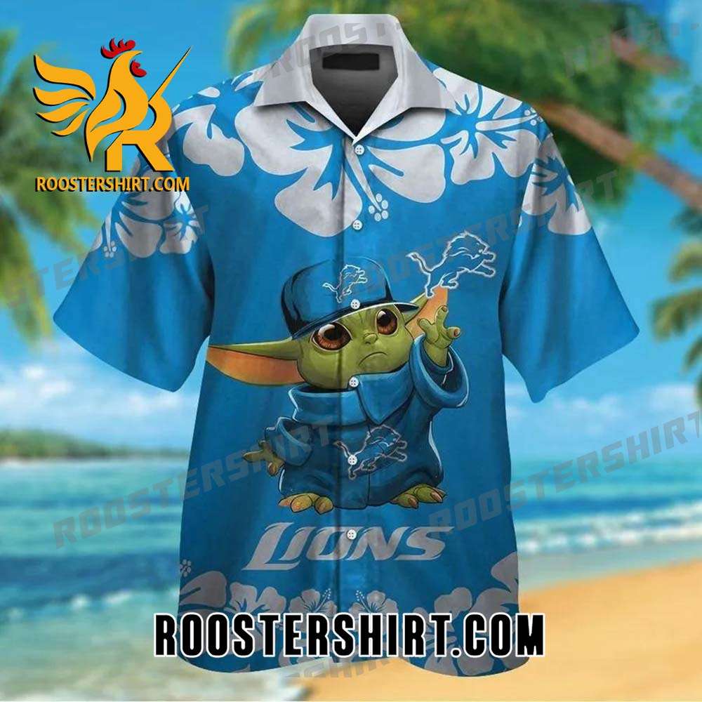 Quality Detroit Lions Baby Yoda Short Sleeve Button Up Tropical Aloha Hawaiian Shirts For Men Women