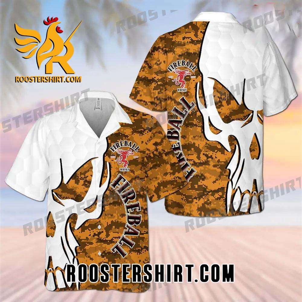 Quality Fireball Cinnamon Whisky Skull Pattern All Over Print 3D Camo Aloha Summer Beach Hawaiian Shirt - White Orange