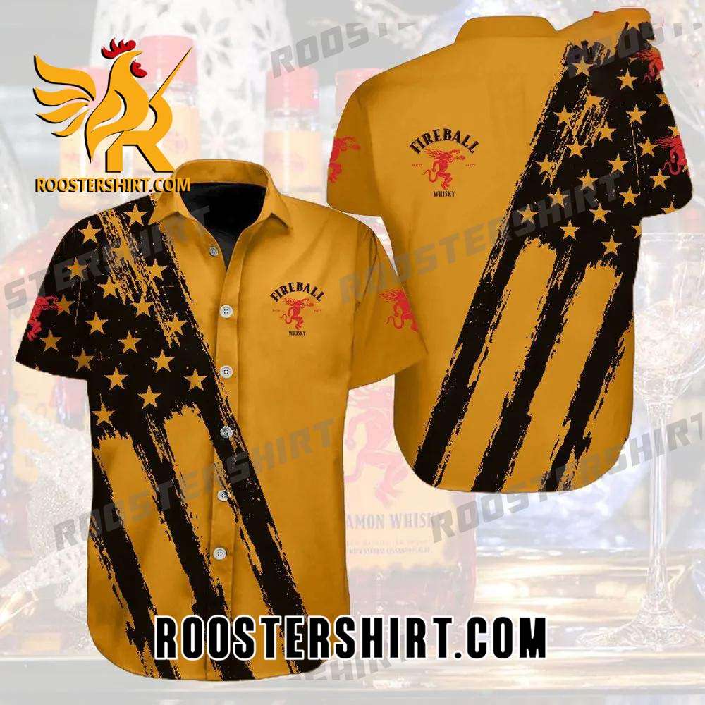 Quality Fireball Usa Flag All Over Print 3D Aloha Summer Beach Hawaiian Shirt - Black Orange