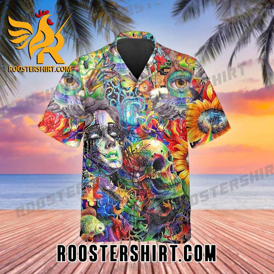 Quality Generic Crazy Trippy Psychedelic Fantasy Colorful Skull Hawaiian Shirt And Shorts