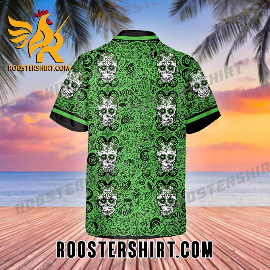 Quality Green Pattern Color Skull Hawaiian Shirt And Shorts