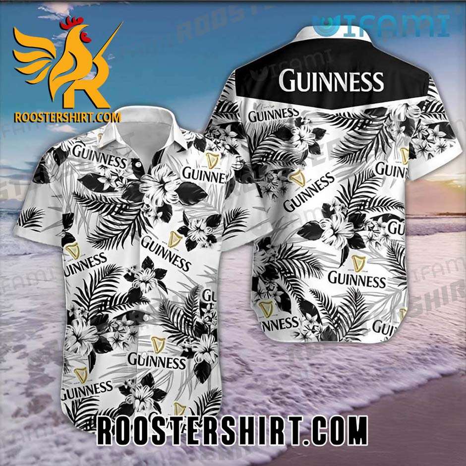 Quality Guinness Hawaiian Shirt And Shorts White Black Hibiscus Flower Beer Guinness Gift