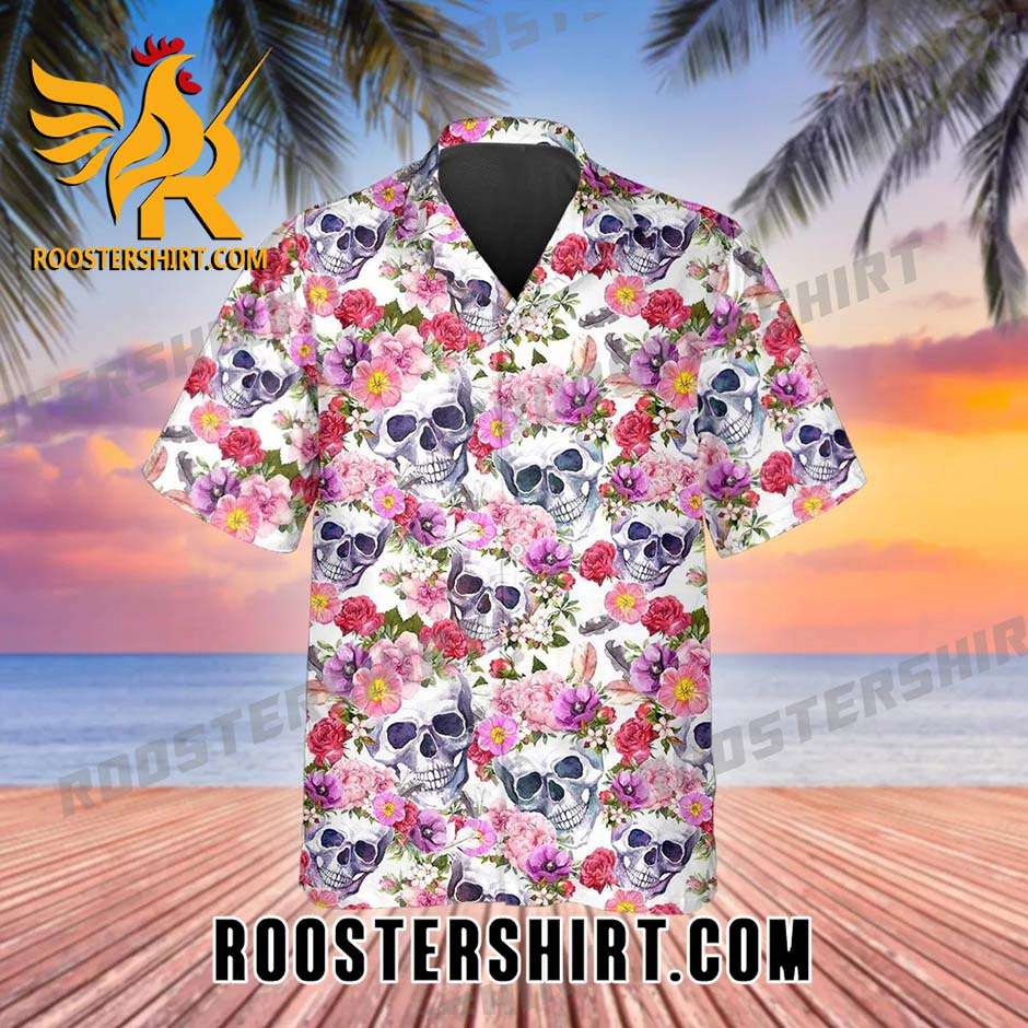 Quality Pink Blossom Flowers Skull Hawaiian Shirt And Shorts