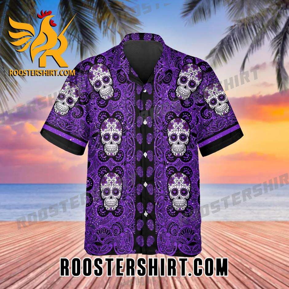 Quality Purple Pattern Color Skull Hawaiian Shirt And Shorts