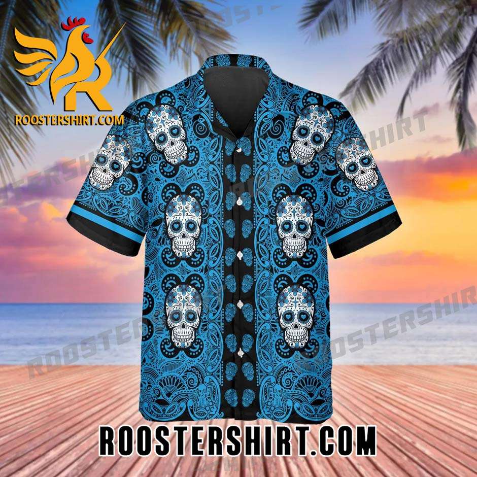 Quality Sky Blue Pattern Color Skull Hawaiian Shirt And Shorts