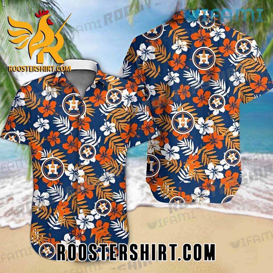 Tropical Orange Flower Palm Leaf Houston Astros Hawaiian Shirt