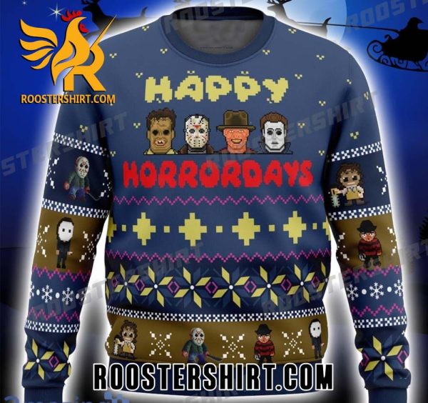 Happy Horrordays Character Halloween Horror Movie Pixel Style Ugly Sweater