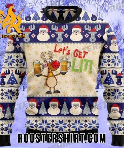 Funny Lets Get Lit Reindeer Drink Beer Ugly Christmas Sweater