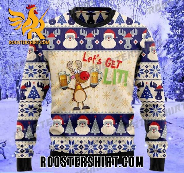 Funny Lets Get Lit Reindeer Drink Beer Ugly Christmas Sweater