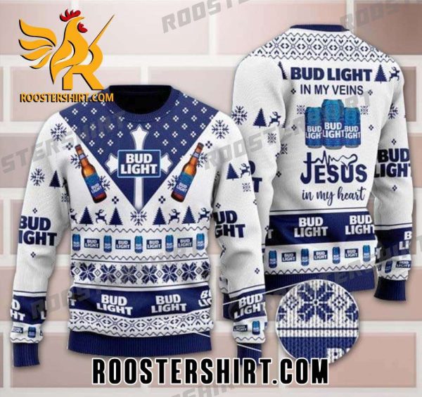 Limited Edition Bud Light In My Veins Jesus In My Heart Ugly Sweater Gift For Beer Lover