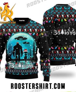 Bigfoot And Alien Believe Xmas Ugly Christmas Sweater