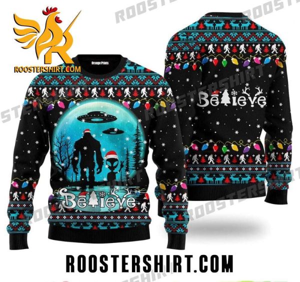 Bigfoot And Alien Believe Xmas Ugly Christmas Sweater