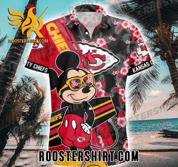 Funny Mickey Surfing Mix Kansas City Chiefs Logo Hawaiian Shirt With Trophycal Flower