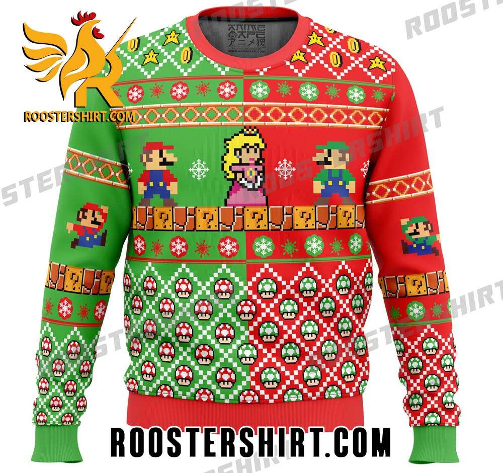 Mario And Luigi Save The Princess Peach Pixel Style Ugly Christmas Sweater  - Roostershirt