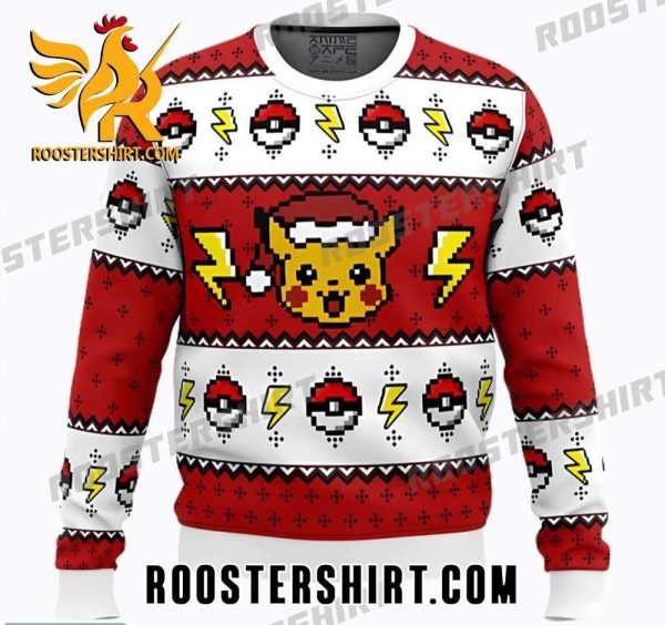 Pikachu Wearing Santa Hat Pokemon Ball Pixel Style Ugly Christmas Sweater