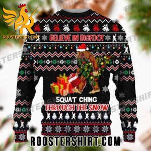 Quality Believe In Bigfoot Squat Ching Through The Snow Ugly Sweater