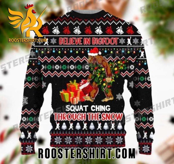 Quality Believe In Bigfoot Squat Ching Through The Snow Ugly Sweater
