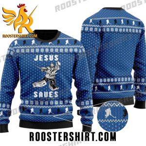 Quality Hockey Jesus Saves Ugly Christmas Sweater Gift For NHL Fans