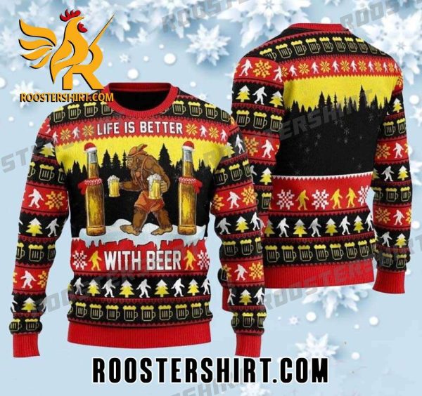 Quality Life Is Better With Beer Bigfoot Ugly Christmas Sweater