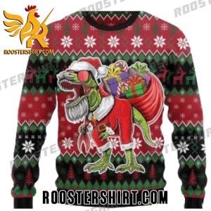 T Rex Santa Claus Goes To Deliver Gifts Dinosaur Ugly Christmas Sweater