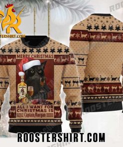 Black Cat Drinking Captain Morgan Ugly Christmas Sweater Gift For Cats Lover
