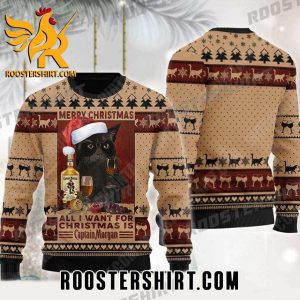 Black Cat Drinking Captain Morgan Ugly Christmas Sweater Gift For Cats Lover