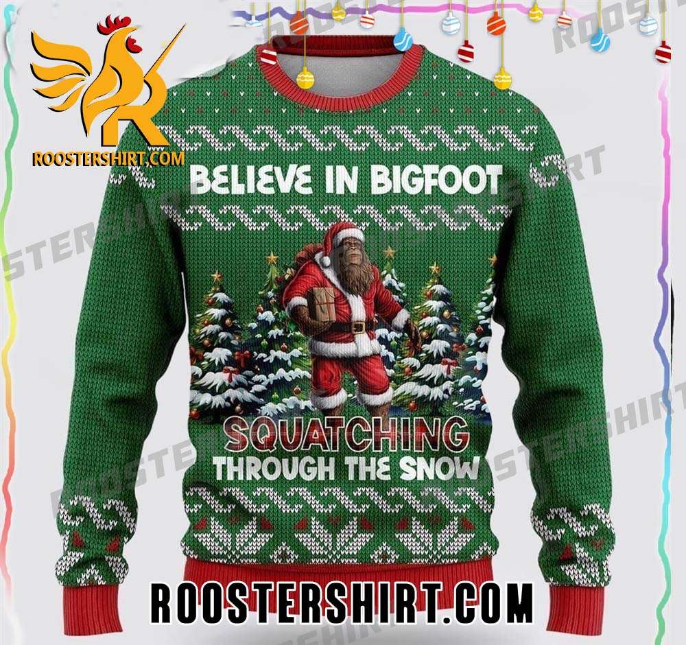 Hot Trend Bigfoot Squatching Through The Snow Ugly Christmas Sweater