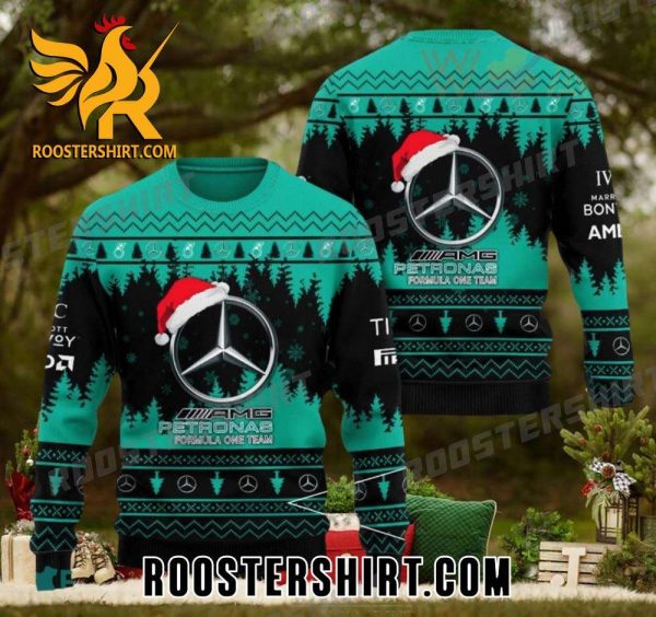 Mercedes-AMG PETRONAS F1 Logo Wearing Santa Hat Ugly Christmas Sweater
