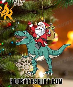 Santa Claus rides a Tyrannosaurus rex to deliver gifts on Christmas Ornament