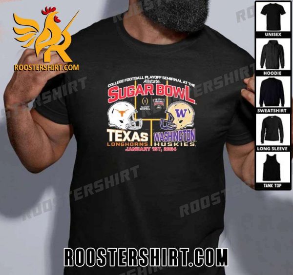 Coming Soon CFP Sugar Bowl 2024 Texas Longhorns vs. Washington Huskies Dueling Helmets T-Shirt